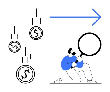 Düşen bozuk paraları analiz eden büyüteçli bir adam, ileri bakan mavi bir ok. Finans, yatırım, analiz, başarı, ilerleme, para yönetimi iş anlayışı için idealdir. Basit düz