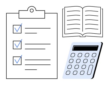 Mavi işaretli kontrol listesi, açık kitap ve hesap makinesi. Eğitim, organizasyon, hedef belirleme, muhasebe, verimlilik planlama ve değerlendirme için idealdir. Basit düz metafor