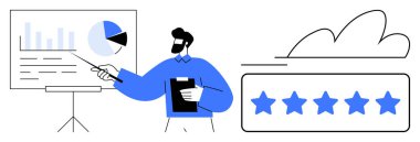 Sunucu, 5 yıldızlı kalite notuyla birlikte bir tabloda verileri açıklıyor. Analiz, performans, iş başarısı, değerlendirmeler, geri bildirim, strateji, takım amaçları için ideal. Minimalist düz metafor