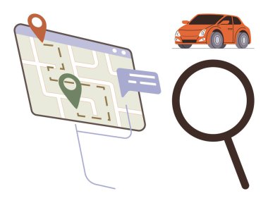 Konum simgeleri, sohbet baloncukları, büyüteç ve turuncu araba seyahat, güzergah planlaması, yer bulma, gezi aramaları, seyahat uygulamaları, taşınabilirlik kullanıcı dostu arama rotası