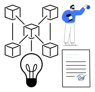 Bağlı küplerden oluşan bir ağ, fikirleri sembolize eden parlayan bir ampul, bir belgede dijital imza ve kripto tutan bir kişi. Yenilik için ideal, engelleme zinciri, teknoloji, ağ oluşturma, sözleşmeler