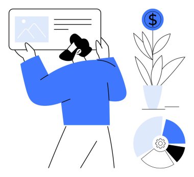 Resmi, finansal pasta grafiği ve büyüyen para fabrikasıyla ilgili belgeleri inceleyen kişi. Analitik, büyüme, strateji, kâr ve finans başarısı yatırımları için ideal. Basit düz mecazı temizle