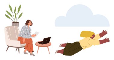 Dizüstü bilgisayar ve kağıtla oturan bir kadın, buluta uzanan yüzen bir insanın yanında düşünüyor. Takım çalışması, yaratıcılık, hayal gücü, uzak çalışma, yenilik, problem çözme, serbest çalışma için ideal