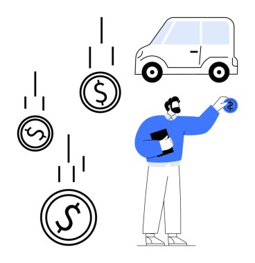 Erkek panosu, düşen dolar paraları harcamaları simgeler, araba mali yatırımı simgeler. Para yönetimi, bütçe yönetimi, harcamalar, mali planlama, karar verme, tasarruf için ideal