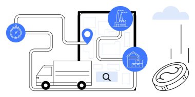 Lojistik, tedarik zinciri, maliyet verimliliği, zaman yönetimi ve basit bir dairede iz sürmeyi gösteren lojistik, depo, kronometre ve para içeren dijital harita taşıyan teslimat kamyonu.
