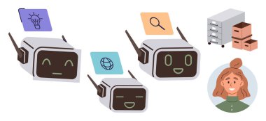 Yaratıcı fikirlere yardımcı olan üç neşeli sohbet robotu, web araması ve dosya organizasyonu. Kullanıcı profili, dizinler ve depolama tasvir edildi. Otomasyon, yenilik, yapay zeka iş akışı için ideal