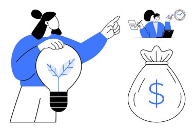 Çevre dostu ampulü tutan kadın, önünü işaret ediyor. Diğer unsurlar arasında bir saat ve belgenin analiz edilmesi ve mali başarının ayrıntılı şekilde anlatıldığı bir para çantası yer alıyor. Sürdürülebilirlik, strateji ve planlama için ideal