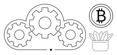 Teknoloji ve veri için bulut içindeki dişli dişliler, kripto para birimi finansmanı için Bitcoin ve büyüme için saksı bitkisi. Yenilik için ideal, engelleme zinciri, fintech, sürdürülebilirlik, süreç, başlangıç