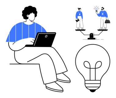 Bir takım yenilikleri takım çalışması ile dengelemeye çalışırken dizüstü bilgisayar kullanıcısı çalışıyor. Büyük ampul bir fikri temsil ediyor. Liderlik, üretkenlik, yenilik, yaratıcılık, takım çalışması, eşitlik için ideal