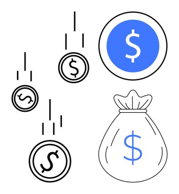 Para çantasıyla düşen paralar para kazancı, yatırımı, geliri, tasarrufu veya ekonomik başarıyı işaret ediyor. Finans, bankacılık, ekonomi tasarrufu bütçe planlaması için ideal. Basit düz