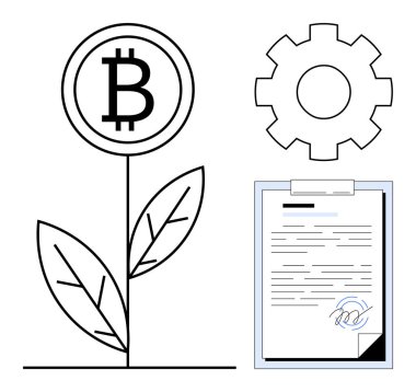 Bitcoin bitkisi büyümeyi sembolize eder, teçhizat teknolojiyi simgeler, anlaşma için el sıkışma belgesi. Finans, engelleme zinciri, yenilik, sözleşmeler, büyüme için ideal, fintech basit düz metafor