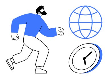 Adam bilerek yürüyor, saati simgeliyor zamanı simgeliyor, küresel perspektifi simgeliyor. Üretkenlik, zaman yönetimi, uzaktan çalışma, küreselleşme, takım çalışması liderliği için ideal. Basit.