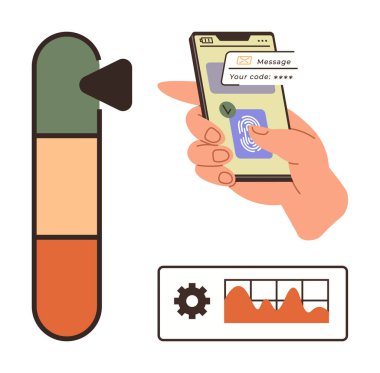 Parmak izi taraması ve kodla akıllı telefonun kilidini açmak, tamamlama çubuğu ve veri analiz şeması. Güvenlik, kimlik doğrulama, teknoloji, analitik, mobil erişim, kimlik doğrulama için ideal