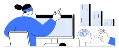 Bilgisayar ve yapay zeka kavramları, veri görselleştirmesi ve beyin etkileşimi ile güçlendirilmiş gerçeklik kullanan kişi. Teknolojik yenilik için ideal, yapay zeka araştırması, eğitim, veri bilimi, sanal öğrenme, gelecek