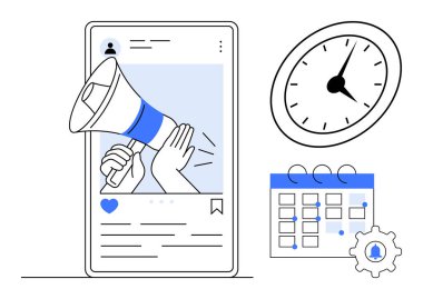 Akıllı telefondaki megafon terfiyi simgeler. Saat zaman takibini, takvim de zamanlamayı temsil ediyor. Sosyal medya stratejisi, içerik planlaması, üretkenlik ve takım çalışması için ideal