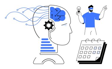 Sinir ağı ve mekanik teçhizat beynine sahip insan kafası, ampul tutan VR kullanıcısı ve takvim ikonu. Teknoloji, yapay zeka, yaratıcılık, yenilik, planlama, üretkenlik için idealdir.