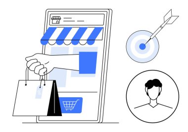 Akıllı telefondan alışveriş torbaları, vitrin arayüzü, dartlı mavi hedef, kullanıcı avatarı. Çevrimiçi perakende satış, e-ticaret, müşteri odağı, alışveriş, hedef kitle