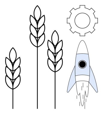 Buğday sapları ve teçhizatlarla roketin fırlatılması yenilik, büyüme, sürdürülebilirlik ve teknolojiyi yansıtır. Tarım, yenilik, girişimler, ilerleme, çevre dostu otomasyon için ideal