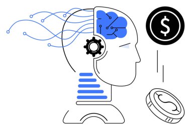 Teknolojiden etkilenmiş beyni olan insan kafası, veri akışı çizgileri, bozuk para, dolar ikonu ve otomasyon teçhizatı. Yapay zeka, teknoloji, yenilik, finans otomasyonu, dijital ekonomiyi öğrenmek için idealdir.