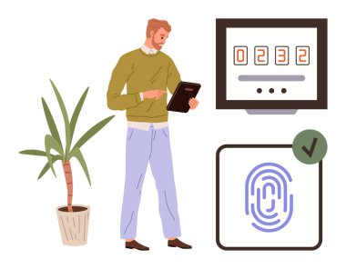 Adam tablet, güvenlik kodu ekranı, parmak izi tarayıcısı ve bitki ile etkileşimde. Teknoloji, güvenlik, biyometri, dijital erişim, işyeri yeniliği modern ofis için ideal