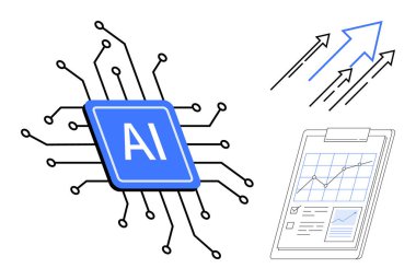 Devrelere bağlı yapay zeka çipi, büyümeyi sembolize eden yukarı oklar ve panodaki analitik çizelge. Teknoloji, yapay zeka, veri analizi, yenilik, büyüme iş fikirleri için idealdir. Basit düz
