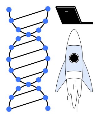 DNA sarmalı, roket ve dizüstü bilgisayarda araştırma, yenilik, biyoteknoloji, eğitim, keşif, girişimler. Bilimsel yenilik için ideal genetik keşif basit