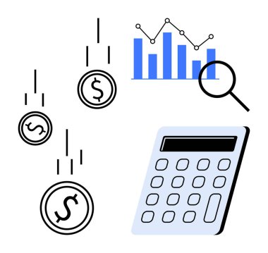 Düşen madeni paralar, bir hesap makinesi ve büyüteçle birlikte bir bar tablosu bütçe planlama, veri analizi, finans yönetimi, büyüme stratejisi, muhasebe, istatistik ve yatırım kararlarını sembolize eder