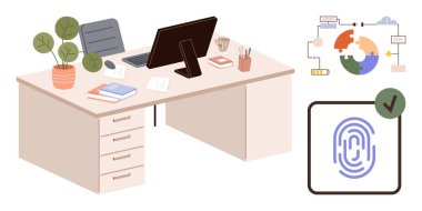 Ofis masasında bilgisayar, belgeler, bitki, dijital parmak izi doğrulaması ve yapboz akış şeması var. Teknoloji, iş, siber güvenlik, iş verimliliği işyeri için ideal