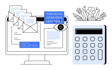 Çiçeklerle süslenmiş hesap makinesinin yanında ağ e-postalarını, ikili kodları ve analizleri gösteren masaüstü ekranı. İletişim, programlama, siber güvenlik, dijital pazarlama ve teknoloji için ideal