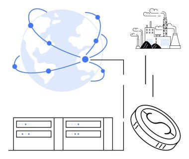 Veri noktaları, endüstriyel fabrika, sunucu üniteleri ve dijital para birimleri birbirine bağlı. Teknoloji, finans, endüstri, veri akışı, küreselleşme inovasyonu sürdürülebilirliği için ideal