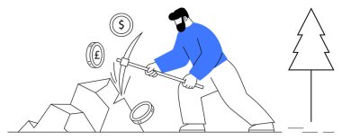 Para birimlerini sembolize eden madeni paraları toplamak için taşlara vuran adam dolar ve avroyu işaret ediyor. Finans, madencilik, zenginlik yaratmak, yatırım, para, iş gücü, ekonomi için idealdir. Basit düz