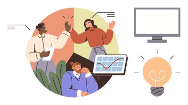 Takım üyeleri fikirleri tartışıyor, grafikteki verileri gözden geçiriyor, kutlama için beşlik çakıyor. Yakınlarda bir ampul ve boş bir monitör var. Takım çalışması, yenilik, veri analizi, yaratıcılık ve işbirliği için ideal