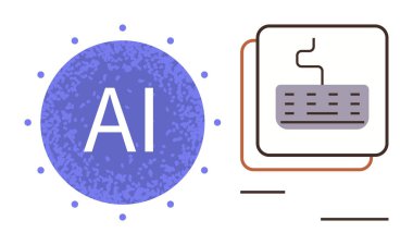 Dairesel bir şekildeki kalın beyaz bir metinde yapay zeka. Noktalı, otomasyonu temsil eden bir klavye ikonu ile eşleştirilmiş, teknoloji. Dijital yenilik, kodlama, yapay zeka sistemleri ve makine öğrenimi için ideal