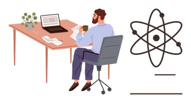 Masada oturmuş, atom yörüngesi diyagramının yanında laptopunun yanında elinde kahve olan belgeleri inceliyor. Bilim, araştırma, teknoloji, eğitim, iş hayatı dengesi, üretkenlik, basit düz metafor