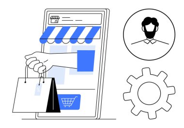 Akıllı telefon mağazası arayüzünden çıkan el çantası, küçük mağaza simgesi, kullanıcı profili ve teçhizatı. Çevrimiçi alışveriş, e-ticaret, dijital iş, dağıtım, mağaza kurulumu için ideal