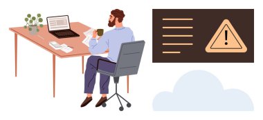 Masasında dizüstü bilgisayar ve belgelerle oturan, kahvesini yudumlayan, uyarı alarmını izleyen bir adam. İş güvenliği, görev yönetimi, iletişim, uyarı, problem çözme, basit düz odaklanma için ideal