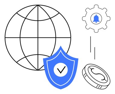 Bağlantıyı temsil eden küre, güvenlik kalkanı, teçhizatlı teçhizat ve para birimi. Teknoloji, iletişim, veri koruması, siber güvenlik ve çevrimiçi güvenlik için ideal