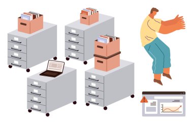 Ofis dolapları dosyalarla dolu, bir dizüstü bilgisayar, bir ekranda alarm, ve kayıtları düzenleyen bir işçi. Veri yönetimi, organizasyon, iş yükü, verimlilik, dijital iş akışı depolaması için ideal basit