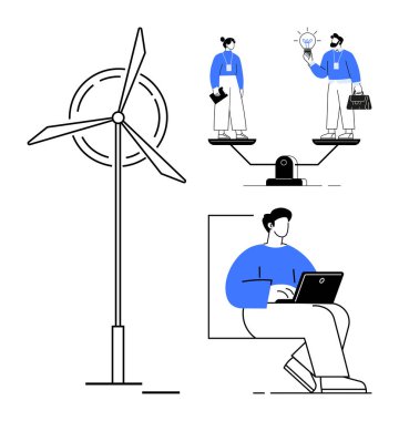 Profesyonellerin ampul fikrini değiş tokuş ettiği rüzgar türbini, dengeli ölçek perspektifi ve dizüstü bilgisayarda bir insan. Sürdürülebilir enerji, takım çalışması, denge, yenilik ve ekolojik çözümler için ideal