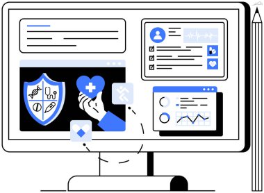 Sağlık sigortası kalkanı, kalp bakım sembolü, hasta profili ve analitik çizelgeleri gösteren bilgisayar. Sağlık, teletıp, tıbbi teknoloji, sigorta, hasta bakımı veri analizi için ideal