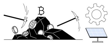 Kayalardan bozuk para, Bitcoin sembolü, ekipman ve güneş paneli çıkaran kripto para çıkarma araçları. Teknoloji için ideal, kripto para birimi, engelleme zinciri, çevre dostu çözümler, yenilenebilir enerji madenciliği