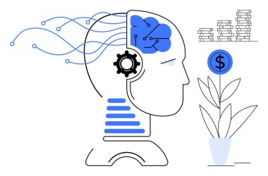 Beyin ve ekipmanlı insan kafası, dolar sembollü bitki, sinirsel bağlantılar ve bozuk para yığınları. Teknoloji, yapay zeka, finans, yenilikçi büyüme yatırım dijital dönüşümü için idealdir. Basit.