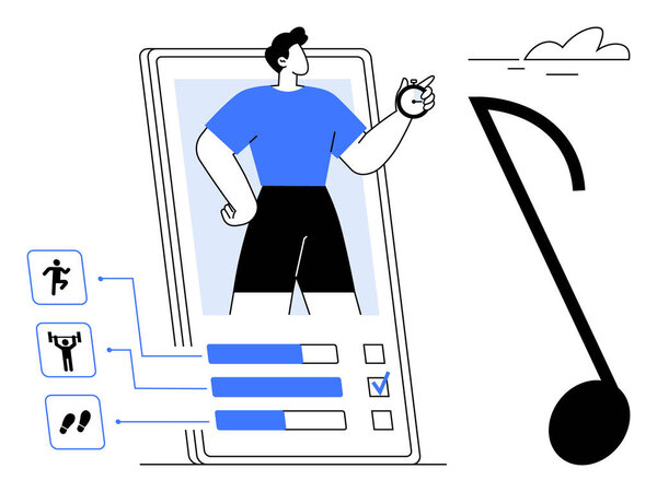 Пользователь, стоящий на экране телефона с индикаторами активности, значками движения и музыкальной нотой. Идеально подходит для фитнеса, технологий, образа жизни, велнеса, приложений мотивации здоровых привычек. Простая плоская метафора