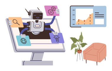 Ekran kolları olan robot, fikirler, internet, ayarlar ve arama için ekranda ikonlar tutuyor. Yapay zeka, yenilik, otomasyon, akıllı teknoloji veri analizi dijital verimlilik için idealdir.