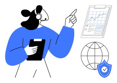 Dosyası, küresi ve kalkanı olan, kulaklığı olan biri. Müşteri hizmetleri, veri analizi, takım çalışması, küresel iletişim, proje yönetimi ağı basit bir daire