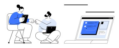 İki kişi oturuyor, tablet ve dizüstü bilgisayar kullanıyor, fikirleri paylaşıyor. Takım çalışması, uzaktan çalışma, işbirliği, dijital öğrenme, beyin fırtınası, iletişim için ideal basit düz metafor