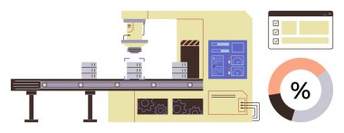 Endüstriyel robot, dijital analitik gösterge paneli ve ilerleme çizelgesi ile taşıma bandı üzerindeki ürünleri denetliyor. Otomasyon, imalat, robotik, kalite kontrol, teknoloji entegrasyonu için ideal