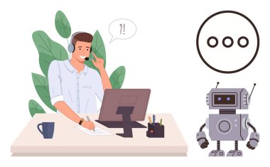 Masada çalışan, robot asistanıyla konuşan, kulaklık takan bir adam. Teknoloji, yapay zeka, iletişim, otomasyon, takım çalışması, müşteri desteği verimliliği için ideal. Basit düz metafor