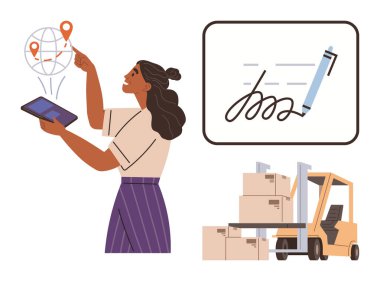 Tablet, harita ve imza panosuyla sevkiyatları takip eden kadın, forklift taşıyan kutular. Lojistik, nakliye, teknoloji, e-ticaret, tedarik zinciri dijital süreçleri için ideal. Basit düz