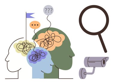 Karışık beyin çizgileri olan insan siluetleri, düşünce baloncukları, büyüteç ve kamera. Akıl sağlığı, problem çözme, iletişim, öz-yansıma, gözlem psikolojisi mahremiyeti için ideal